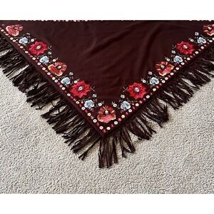Vintage Embroidered‎ Piano Shawl Cashmere Blend Floral Brown Boho Gypsy Wrap
